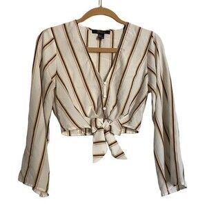 Forever 21 Contemporary Blouse Striped Yellow and White Bell Sleeve Cropped S